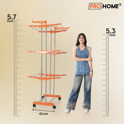 ProHome 3-Tier Steel Floor Cloth Drying Stand with Wheels | Rust-Free Premium Build