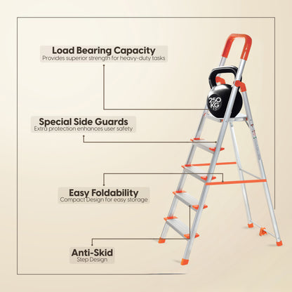 ProHome Aqua 5 Step Aluminum Ladder with 5 Anti-Slip Shoes (With Platform)
