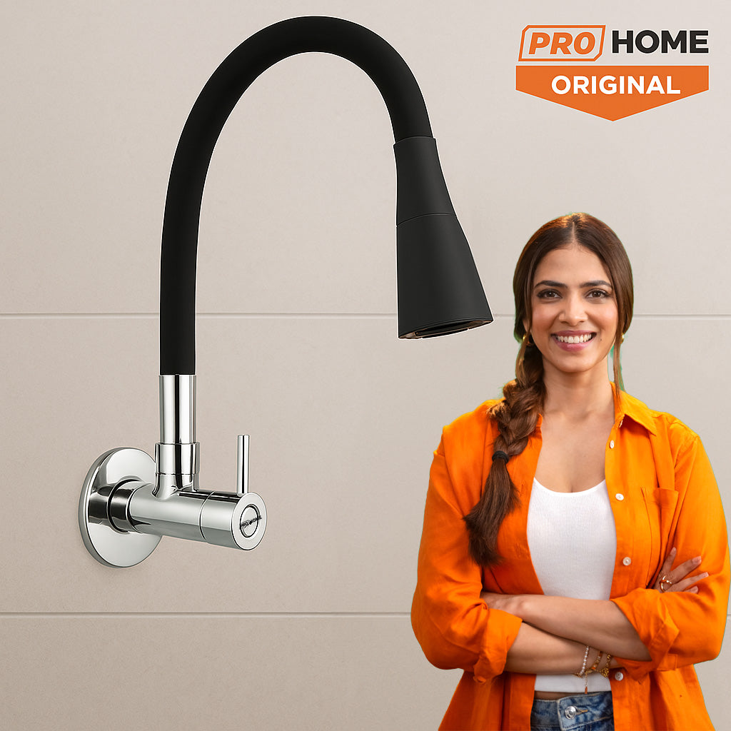 ProHome Brass Sink Tap with 360° Flexible Black Silicone Neck | Dual Flow Hot & Cold Water Tap with Wall Flange (Wall Mount)