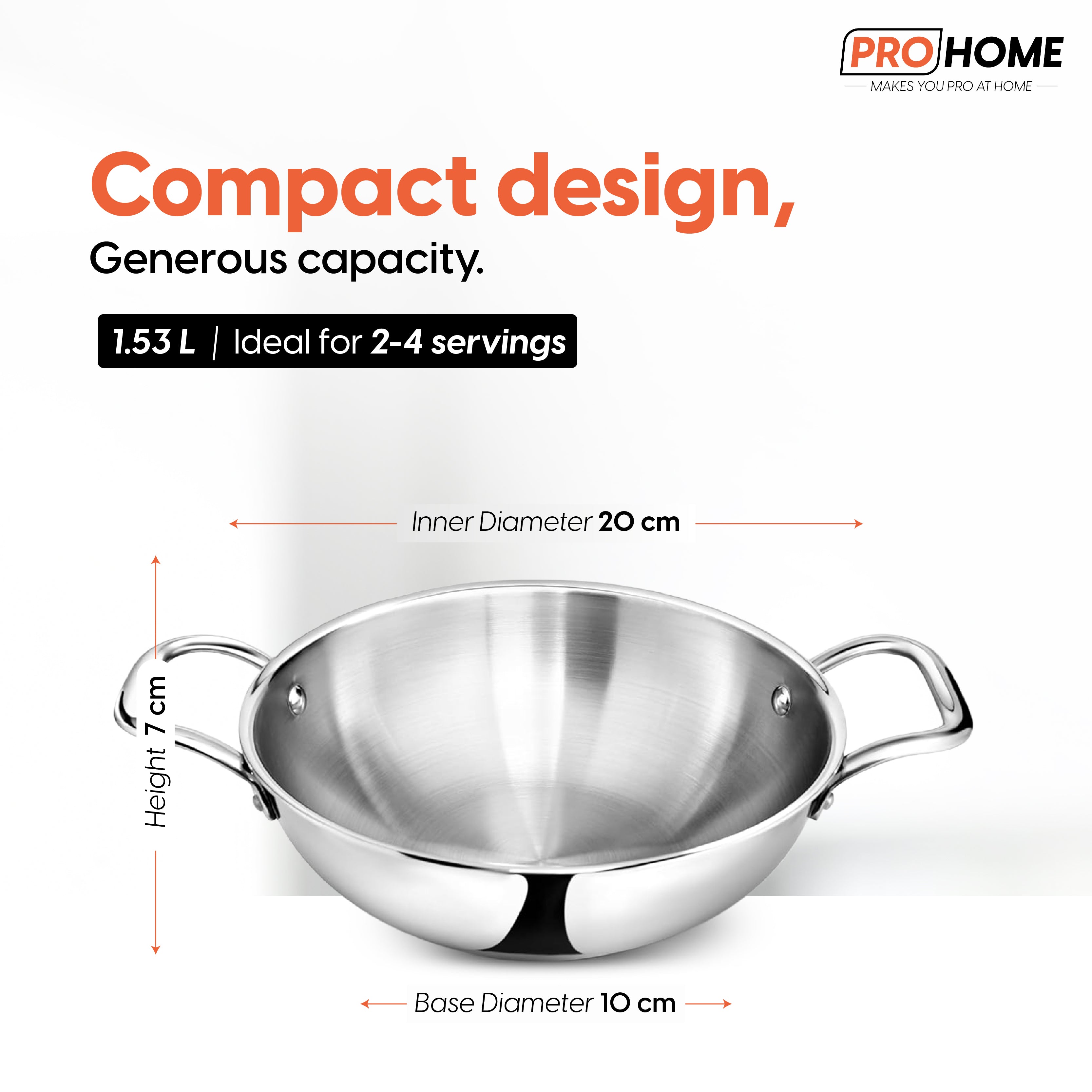 ProHome Triply Stainless Steel Kadhai 20 cm | 1.53 L Capacity