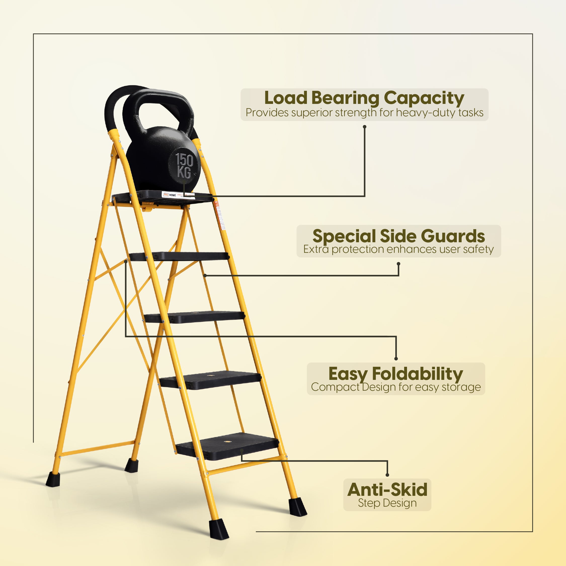 Eco 5 Step Steel Ladder Anti Skid shoes Steel Ladder (Yellow)