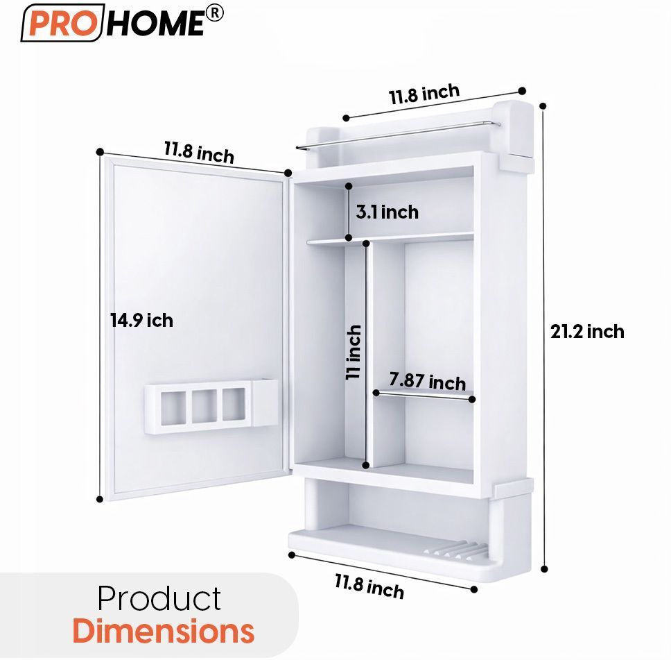 ProHome Wall Mirror Cabinet with 6 Shelves | Bathroom Storage Organizer – White