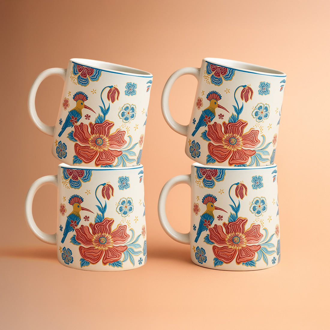 ProHome Pack of 4 Floral Ceramic Tea & Coffee Mugs | Elegant Multicolor Design | Stackable Cups