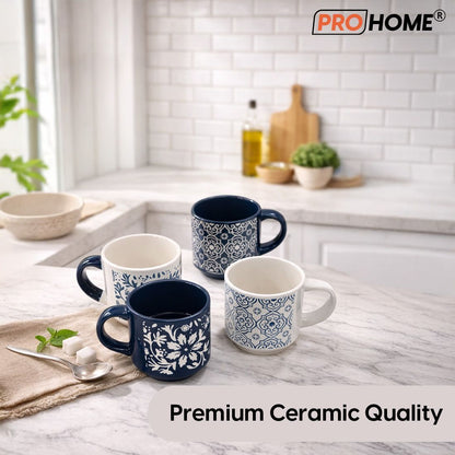 ProHome Pack of 4 Ceramic Tea & Coffee Cups with Space-Saving Metal Stand | Stylish & Durable Mug Set