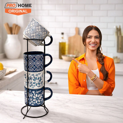 ProHome Pack of 4 Ceramic Tea & Coffee Cups with Space-Saving Metal Stand | Stylish & Durable Mug Set