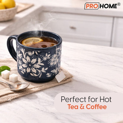 ProHome Pack of 4 Ceramic Tea & Coffee Cups with Space-Saving Metal Stand | Stylish & Durable Mug Set