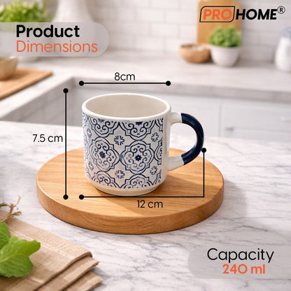 ProHome Pack of 4 Ceramic Tea & Coffee Cups with Space-Saving Metal Stand | Stylish & Durable Mug Set